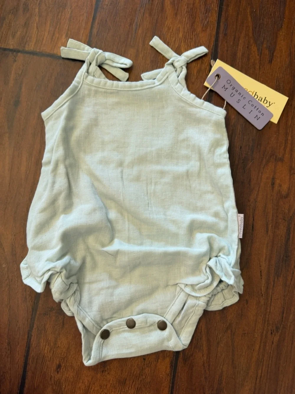 0-3m NWT L'ovedbaby Girls Organic Muslin Tie-Shoulder Bodysuit-Green Tea - Picture 4 of 5